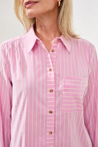 Cotton Poplin Double Stripe Roll-Up Sleeve Button-Front Shirt-Rosesilk