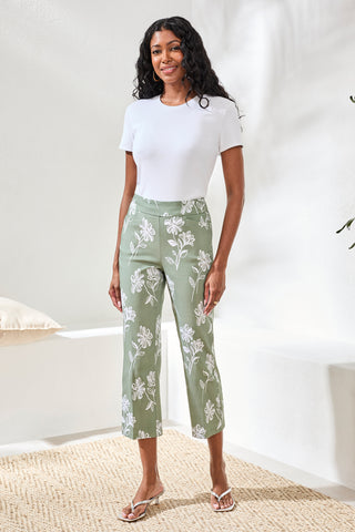 Printed Bengaline Pull-On Capri Pants-Moss