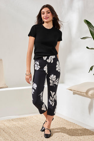 Bengaline Pull‑On Capris with Floral Motif-Jetblack
