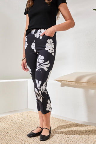 Bengaline Pull‑On Capris with Floral Motif-Jetblack