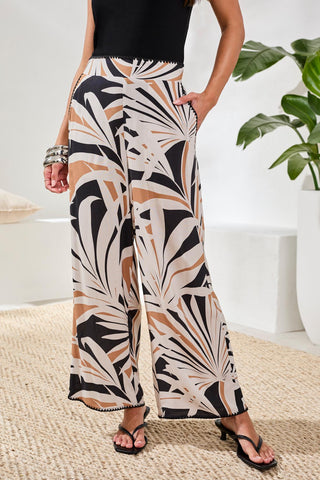 Flowy Wide Leg Pants with Waistband & Pockets-Chestnut