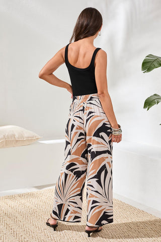 Flowy Wide Leg Pants with Waistband & Pockets-Chestnut