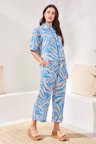 Printed Flowy Ankle Pants With Drawcord At Waist-Royal