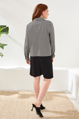 Gingham Button Front Collared Jacket With Pockets-Black