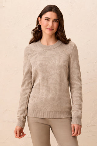 Textured Jacquard Floral Crew Neck Knit Sweater-Dry sand