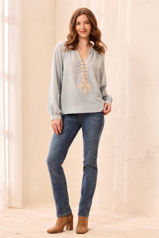 Embroidered Notch Neck Button Placket Blouse-Blue fog
