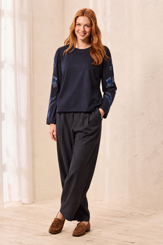 Embroidered Bell Sleeve Crew Neck Long Sleeve Top-Sapphire