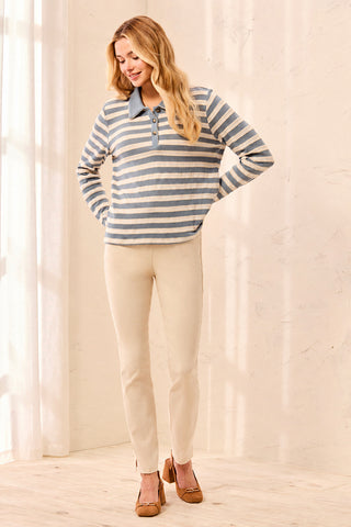 Textured Jacquard Stripe Button-Front Collared Knit Top-Blue fog