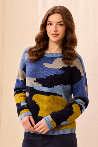 Soft Intarsia Crew Neck Drop Shoulder Knit Sweater-Blue fog