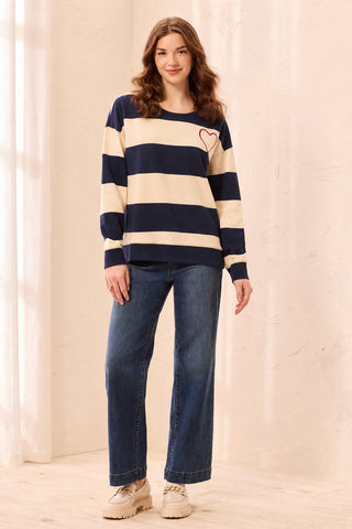 Pulls en coton brodés à cœur à épaules basses - Bleu jet