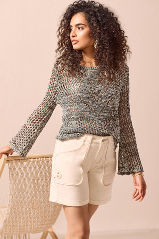COTTON CREW NECK SWEATER WITH BELL SLEEVES-Ecru marl
