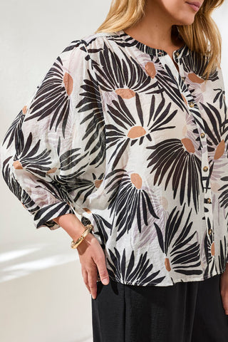 Flowy Dolman Sleeve Blouse With Self-Covering Buttons-White/black