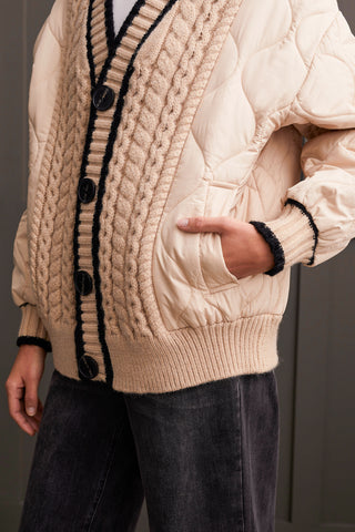 QUILTED CARDIGAN WITH SWEATER DETAIL-Beige