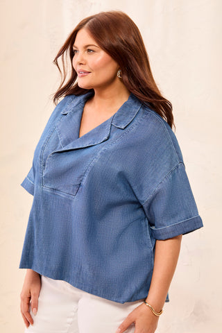 Chemise Popover En Denim Fluide À Manches Courtes – Tailles Inclusives-Bleu fjord