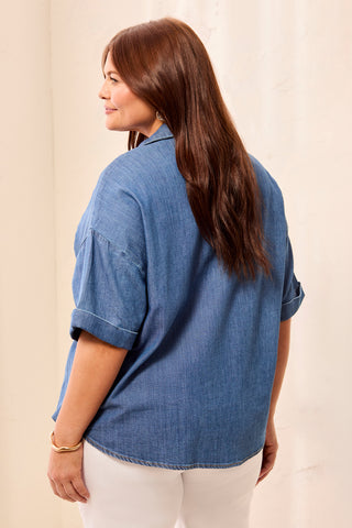 Chemise Popover En Denim Fluide À Manches Courtes – Tailles Inclusives-Bleu fjord