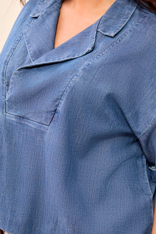 Chemise Popover En Denim Fluide À Manches Courtes – Tailles Inclusives-Bleu fjord