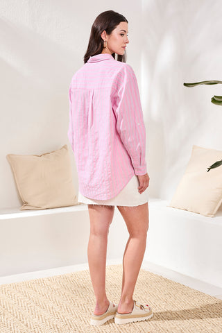 Cotton Poplin Double Stripe Roll-Up Sleeve Button-Front Shirt-Rosesilk