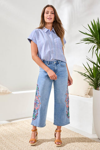 Embroidered Audrey Girlfriend Wide Leg Crop Denim Jeans-Desertblue