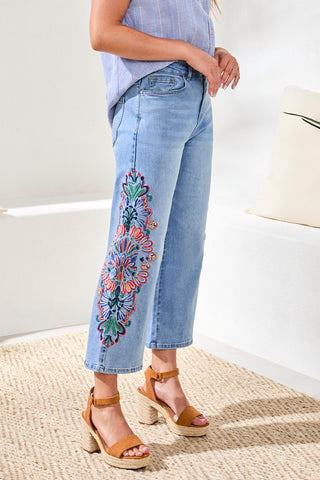 Embroidered Audrey Girlfriend Wide Leg Crop Denim Jeans-Desertblue