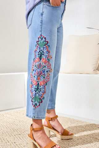 Embroidered Audrey Girlfriend Wide Leg Crop Denim Jeans-Desertblue