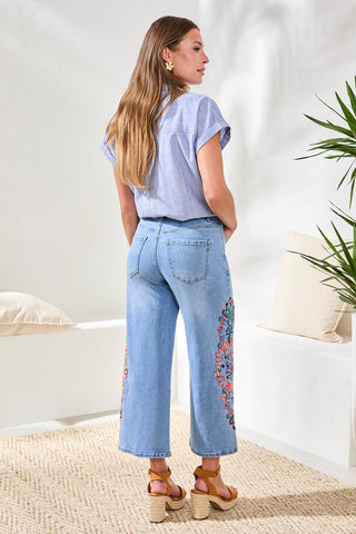 Embroidered Audrey Girlfriend Wide Leg Crop Denim Jeans-Desertblue