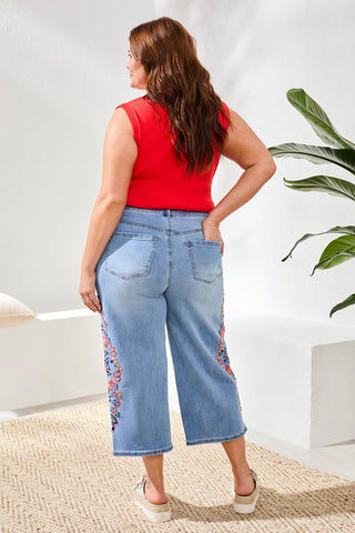 Size Inclusive Audrey Wide-Crop Jeans With Embroidery-Desertblue