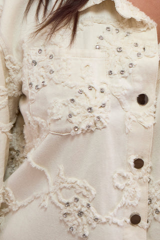 Rhinestone Applique Collared Shirt-Cream