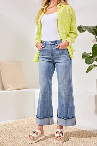 Brooke Cuffed Palazzo Jeans-Pebbleblue