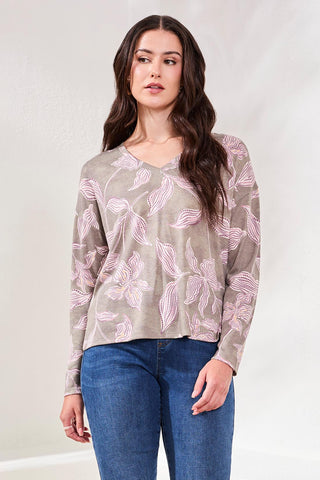 Fuzzy Soft V-Neck Combo Print Knit Top-Spruce