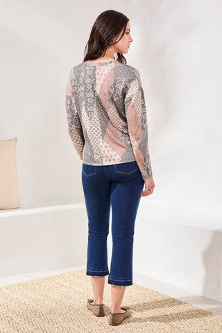 Fuzzy Soft V-Neck Combo Print Knit Top-Nordicstone