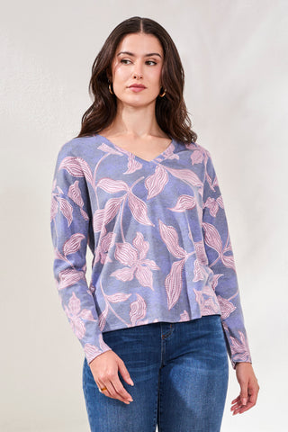 Fuzzy Soft V-Neck Combo Print Knit Top-Lapisblue