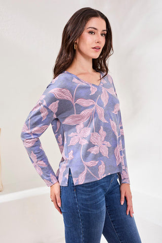 Fuzzy Soft V-Neck Combo Print Knit Top-Lapisblue