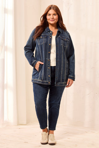 Veste En Denim Maxi Confort Extensible-Bleu Lavage Moyen