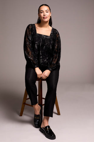 Chiffon Square Neck Puff Sleeve Blouse-Black
