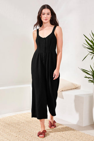Crinkled Gauze Jumpsuit With Smocked Back-Black