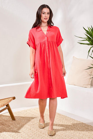 Crinkle Gauze Short Sleeve Empire Waist Midi Dress-Coralred