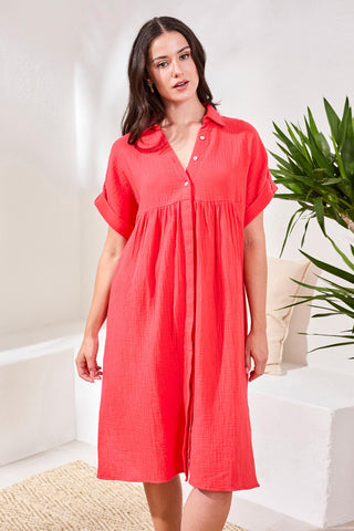 Crinkle Gauze Short Sleeve Empire Waist Midi Dress-Coralred