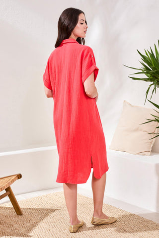 Crinkle Gauze Short Sleeve Empire Waist Midi Dress-Coralred