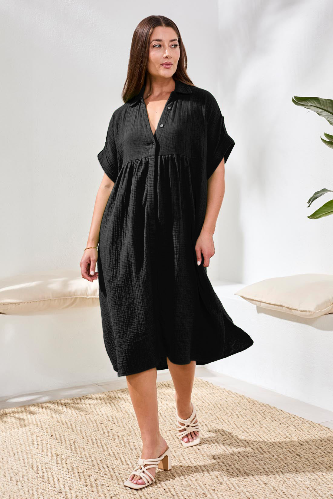 Crinkle Gauze Short Sleeve Empire Waist Midi Dress-Black Tribal Fashion Crinkle Gauze Short Sleeve Empire Waist Midi Dress-Black Tribal Fashion