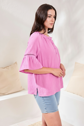 Crinkle Gauze Split-Neck Button-Front Bell Sleeve Blouse-Orchidglow