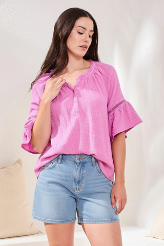 Crinkle Gauze Split-Neck Button-Front Bell Sleeve Blouse-Orchidglow