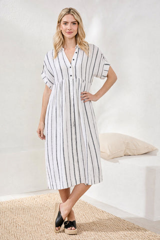 Soft Linen Button‑Front Midi Dress-White/black