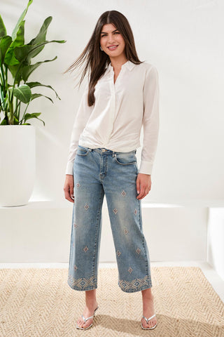 Audrey Hugging Wide Leg Denim With Embroidered Finish-Sweetblue