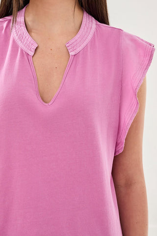 Ruffle-Sleeve V-Neck Mixed Media Top-Orchidglow
