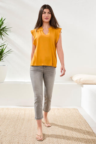 Ruffle-Sleeve V-Neck Mixed Media Top-Daffodil