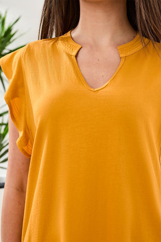 Ruffle-Sleeve V-Neck Mixed Media Top-Daffodil