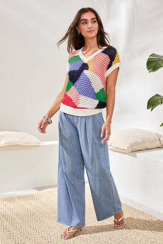 Crochet Knit V-Neck Cap-Sleeve Top With Novelty Print-Baja blue