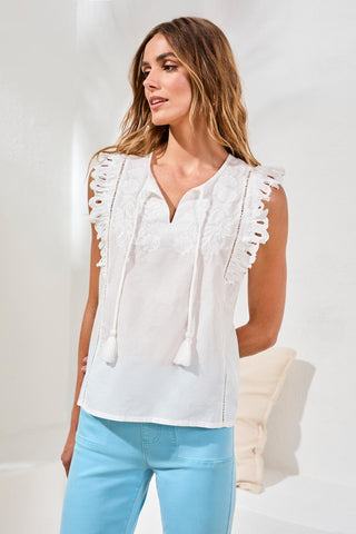Cap Frill Sleeve Poplin Blouse With Embroidery-Oceanpearl