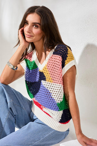 Crochet Knit V-Neck Cap-Sleeve Top With Novelty Print-Baja blue