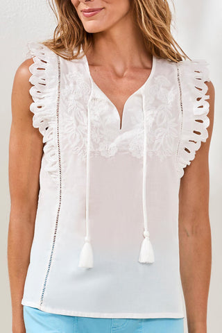 Cap Frill Sleeve Poplin Blouse With Embroidery-Oceanpearl